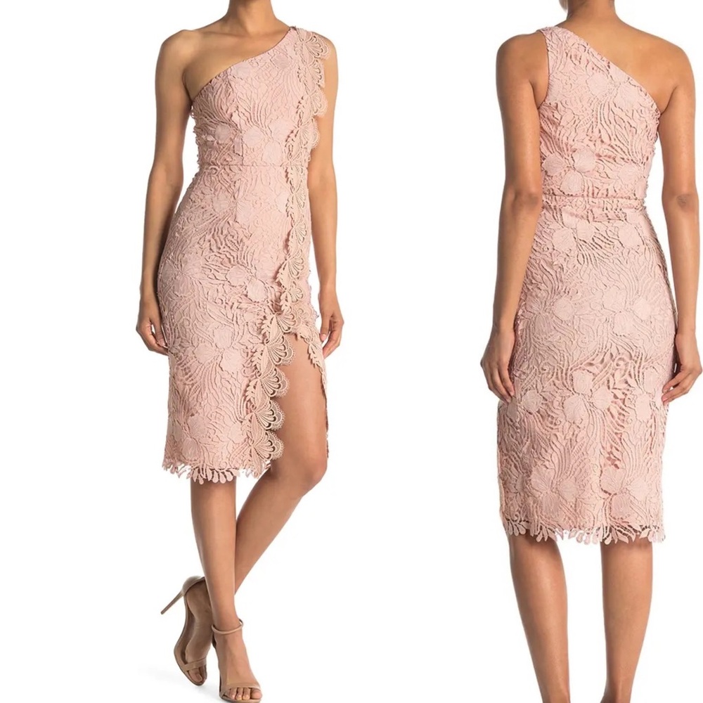 REISS Mena Crochet Lace One-Shoulder Dress NUDE PINK